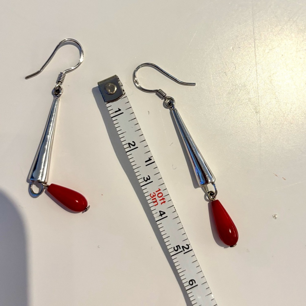 Silver & Red Drop Earrings – Elegant Dangle Statement Earrings - Picture 4 of 4
